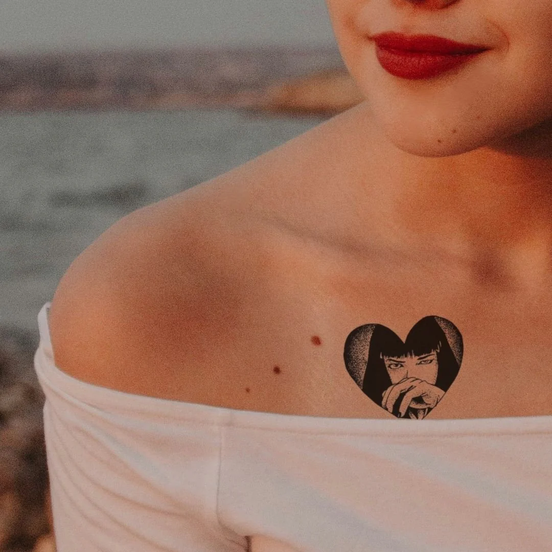 Mia Wallace heart-frame portrait temporary tattoo