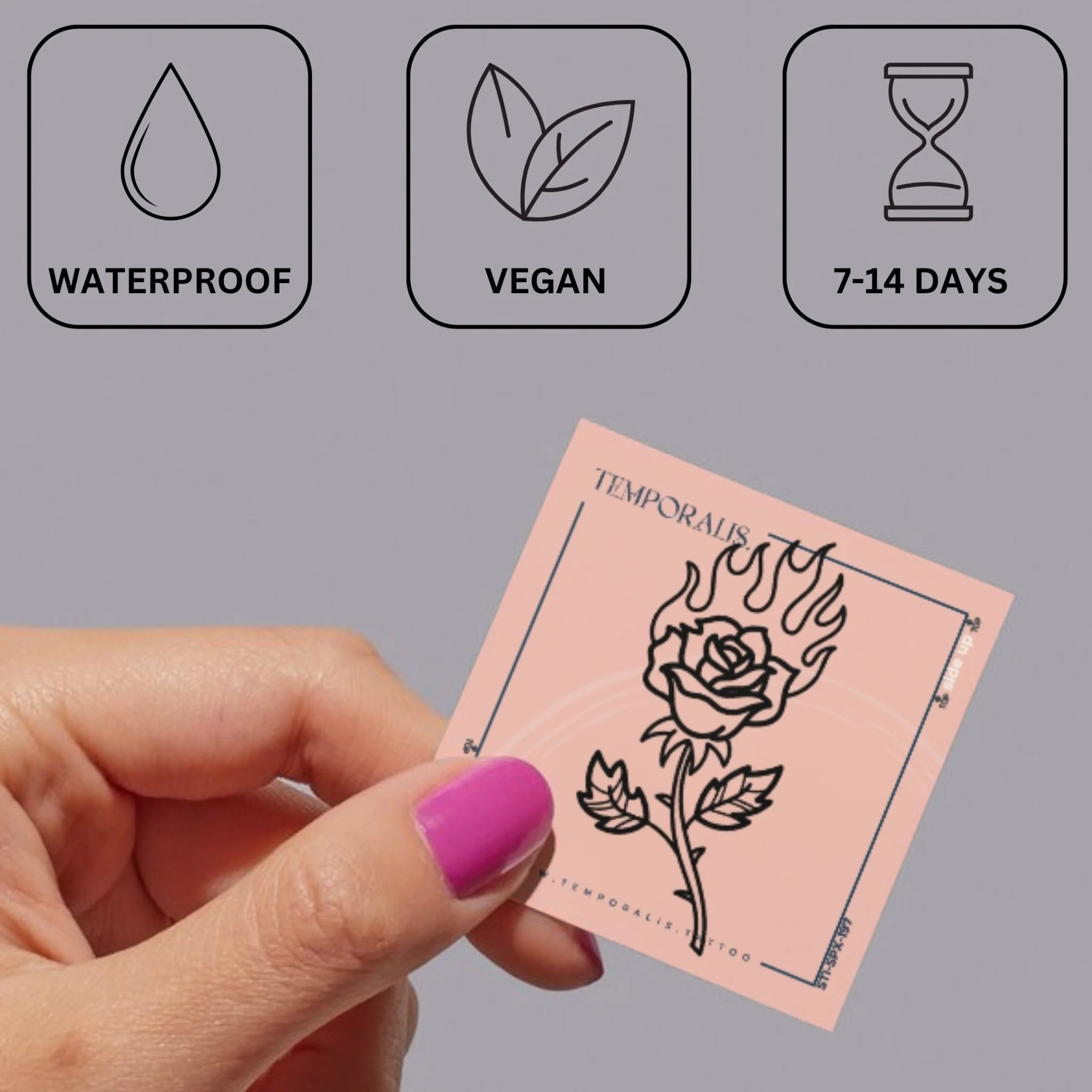 Flaming rose temporary tattoo with stem and leaves - Image 3