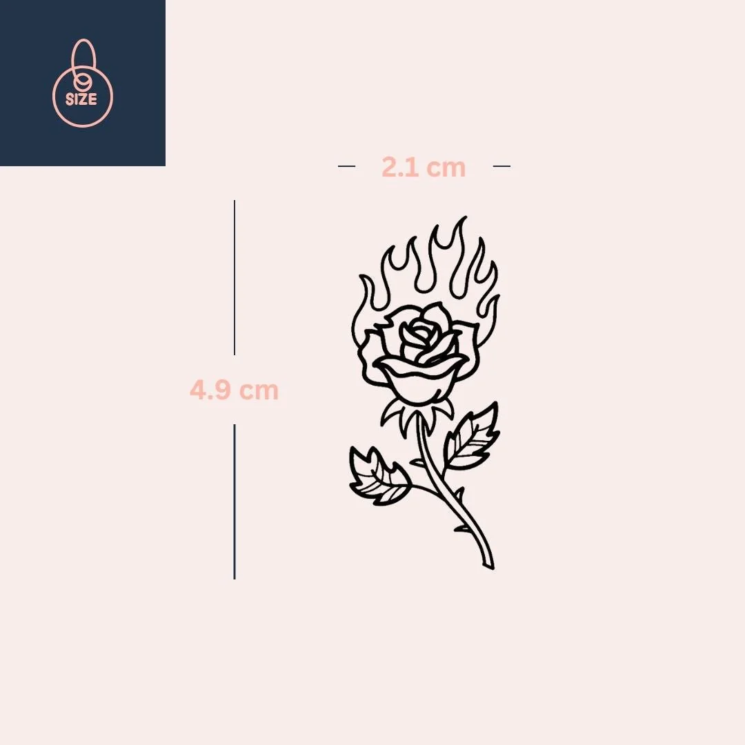 Flaming rose temporary tattoo with stem and leaves - Image 4