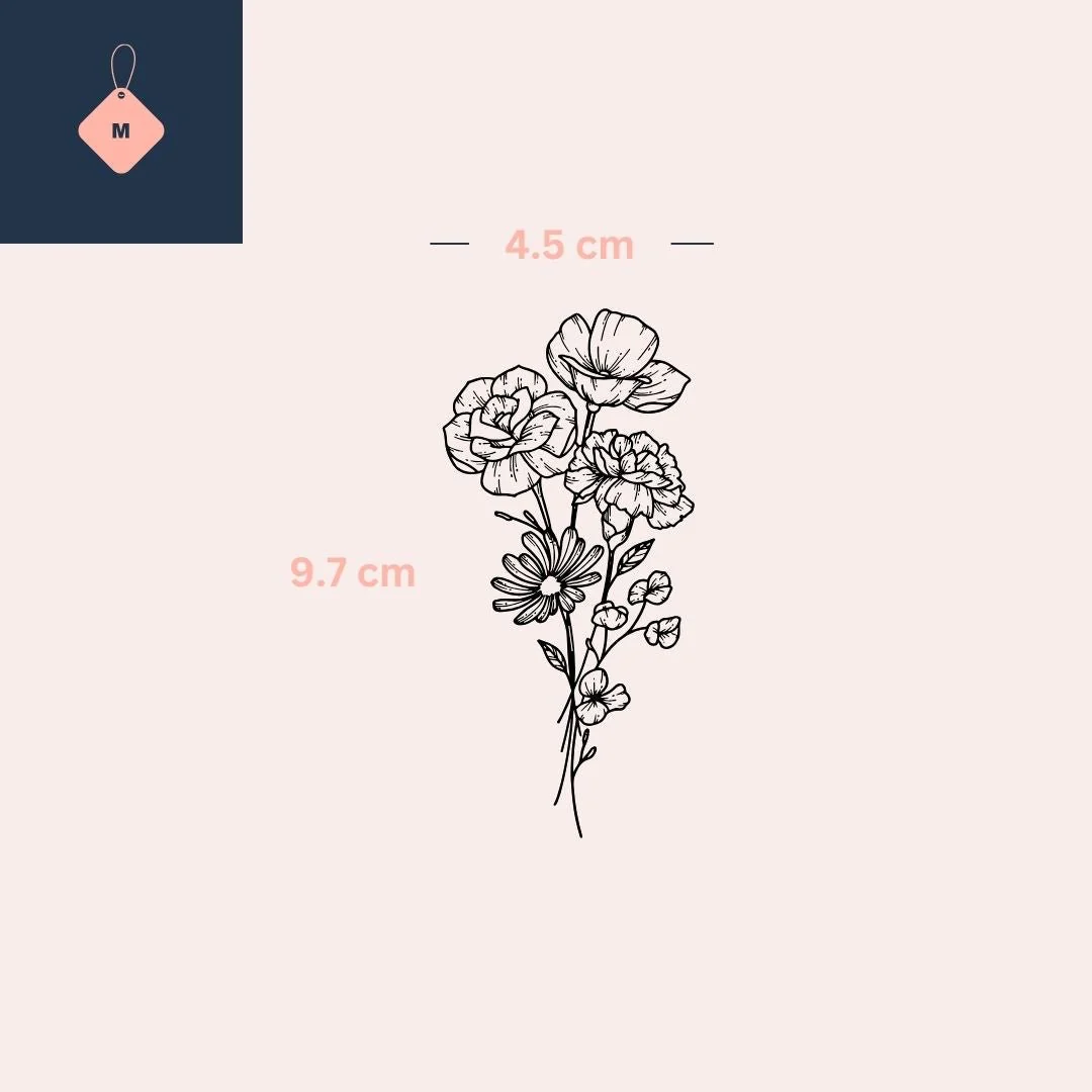 Floral bouquet temporary tattoo with rose, carnation and daisy - Image 4