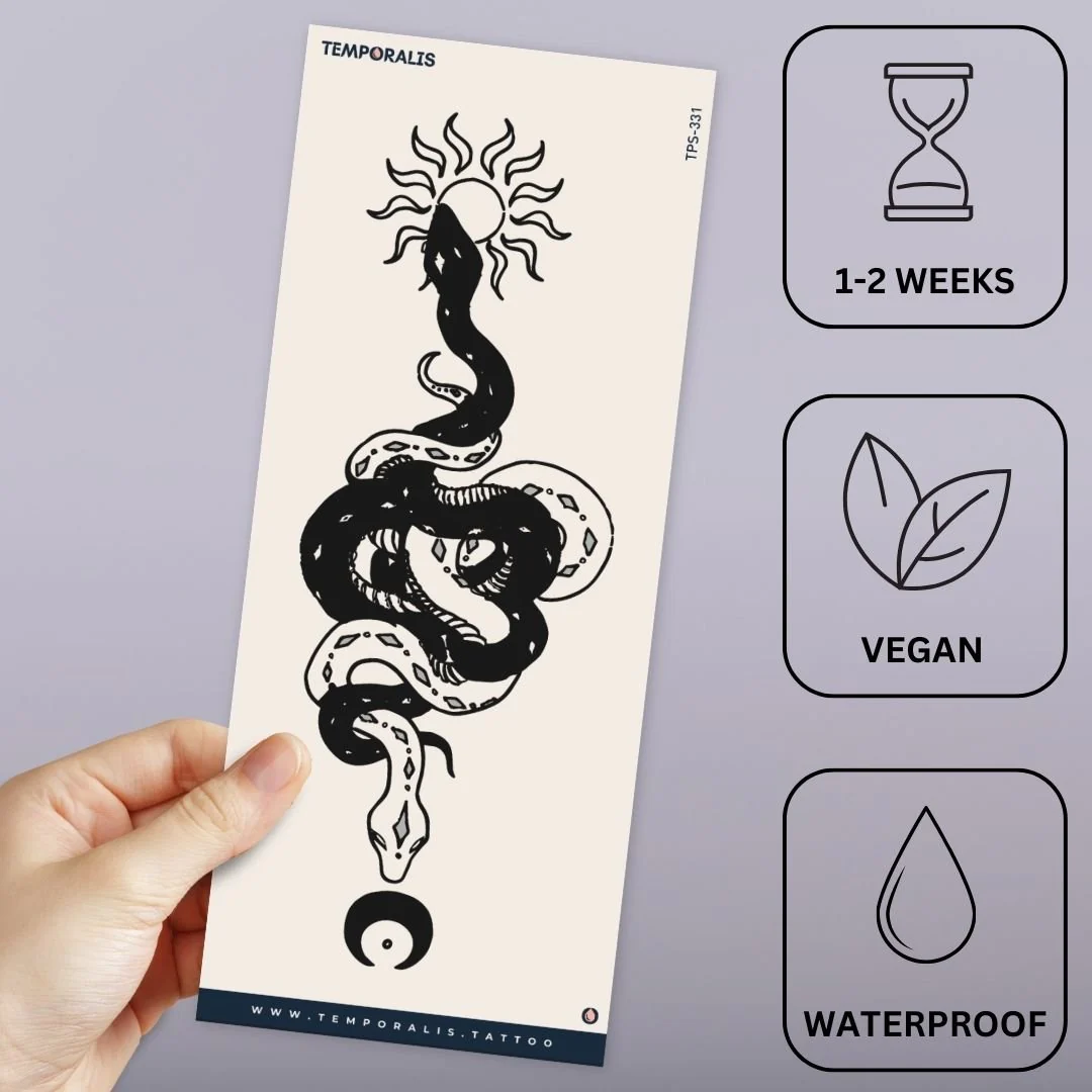Coiled snake temporary tattoo with sun and yin yang - Image 3